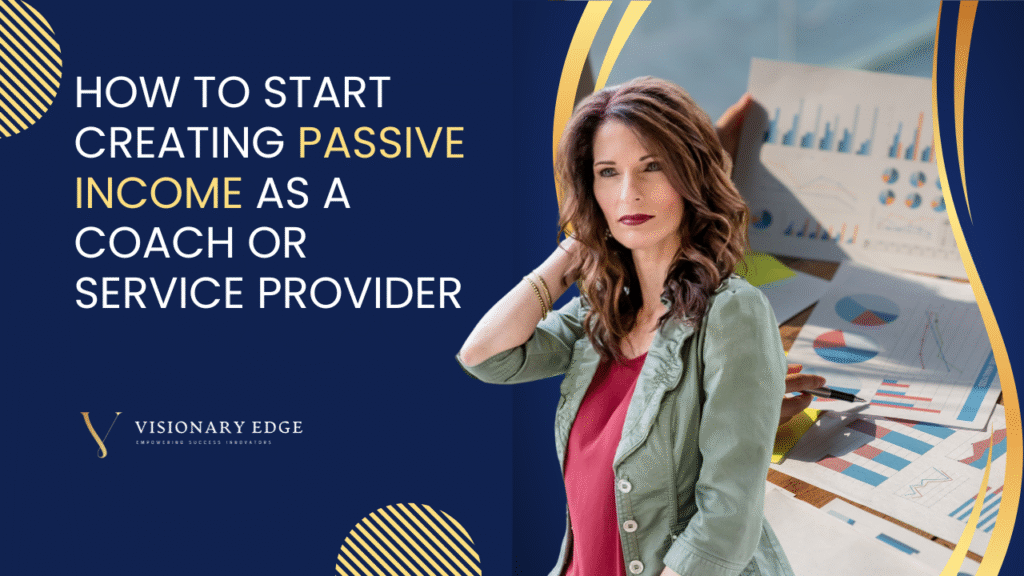 Shannon from Visionary Edge sitting confidently with charts in the background, representing passive income strategies for coaches and service providers.