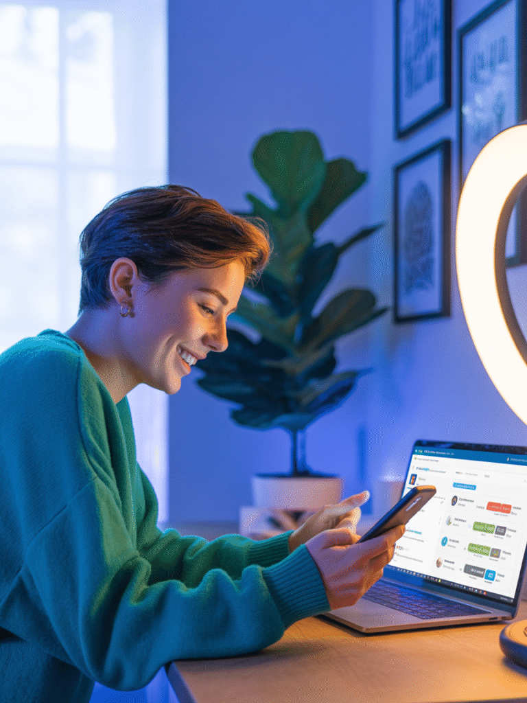 A person working on a laptop in a modern office setting, which aligns with the content about building your audience through various online channels.
