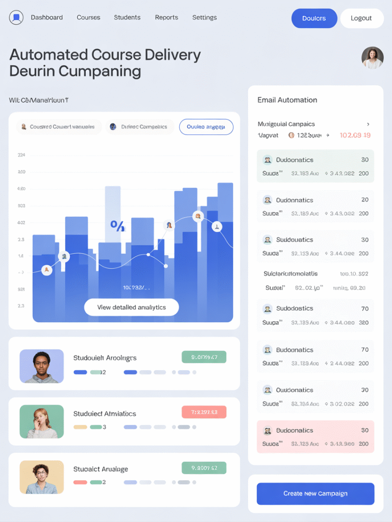 A dashboard interface with analytics, student progress tracking, and automation features, which perfectly aligns with the content about automating your course delivery system.
