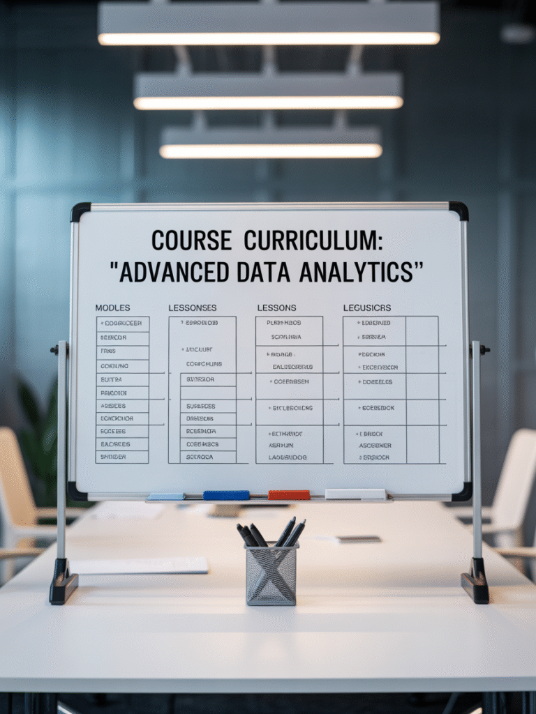 A whiteboard with course curriculum planning, which perfectly aligns with the content about mapping out your course content with modules and lessons.