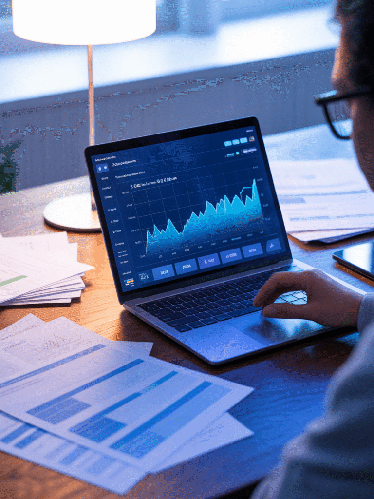 A person working on a laptop with analytics dashboard displaying charts and graphs, surrounded by printed reports and documents on a desk in a modern office setting with natural lighting